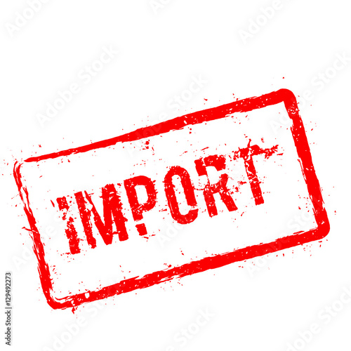 Import red rubber stamp isolated on white background. Grunge rectangular seal with text, ink texture and splatter and blots, vector illustration.
