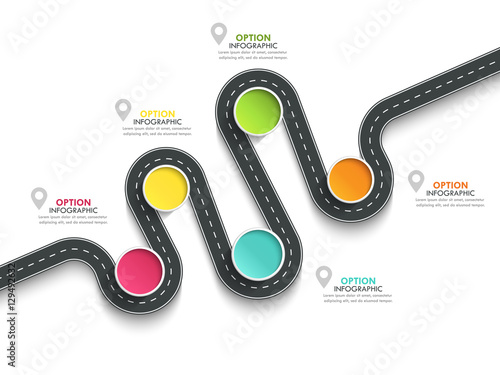 Winding road way location infographic template with a phased structure. Business circle template with options for brochure, diagram, workflow, timeline, web design. Vector EPS 10