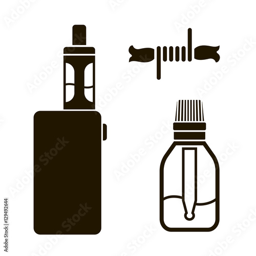 vapor equipment icon set. vector electric cigarette. spiral with cattonwool. glass of liquid