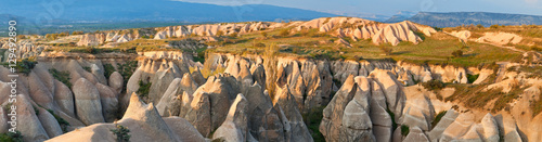 Panorama of volcanic canyons in Cappadocia.