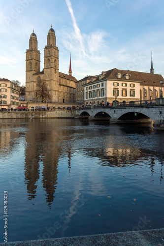 ZURICH, SWITZERLAND - 28 OCTOBER 2015 : Grossmunster church in Limmat River, City of Zurich, Switzerland