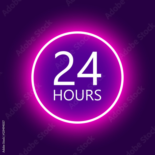 24 hours open sign, purple neon billboard vector illustration