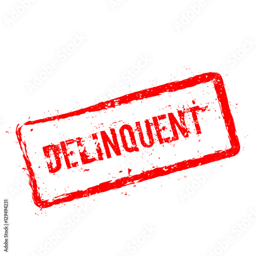 Delinquent red rubber stamp isolated on white background. Grunge rectangular seal with text, ink texture and splatter and blots, vector illustration.