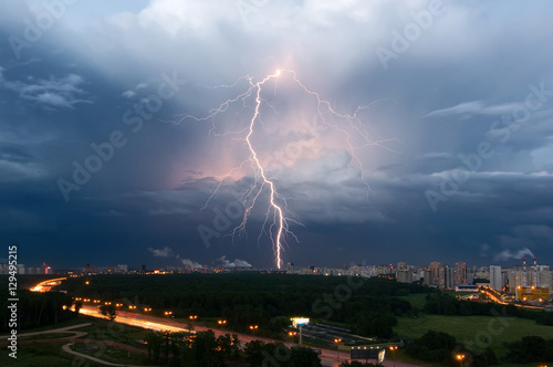 Summer thunderstorm with lightning over Moscow, Russia