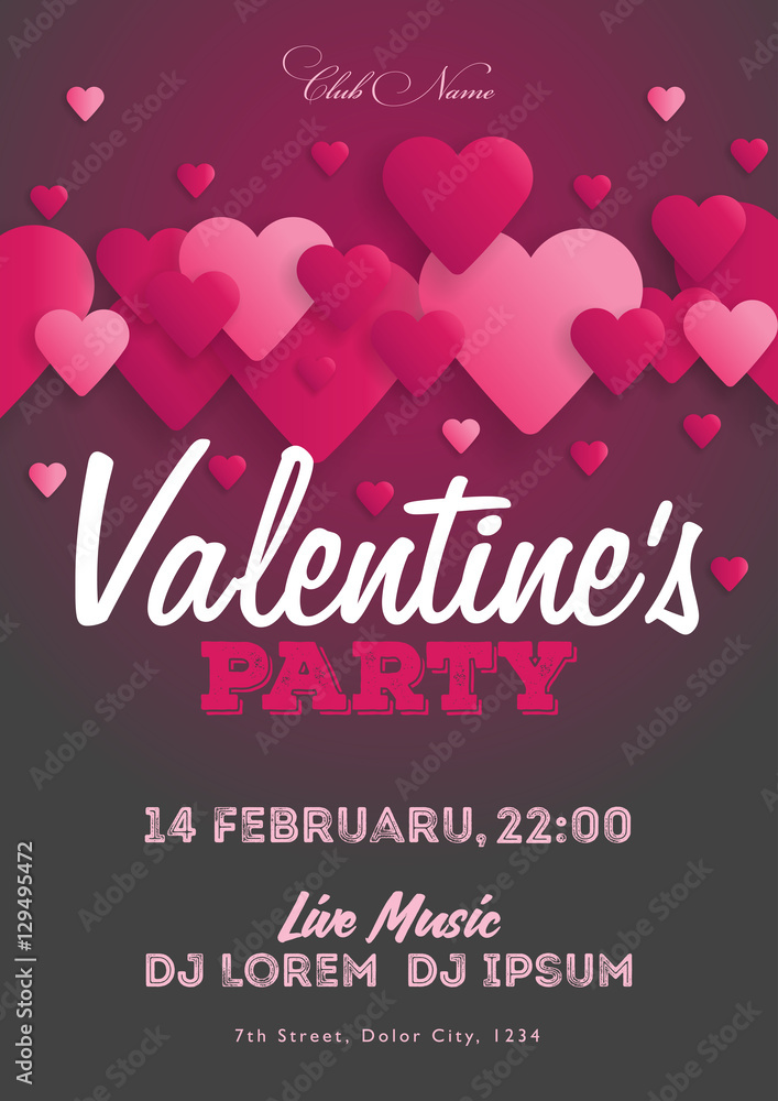 Valentine's Day party invitation flyer. The template for the club, musical evenings. Speech by musicians, DJs. Night festive party. Background with hearts. Vector illustrations