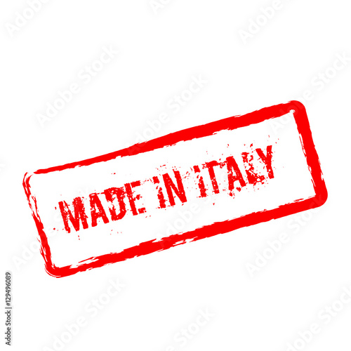 Made in Italy red rubber stamp isolated on white background. Grunge rectangular seal with text, ink texture and splatter and blots, vector illustration.