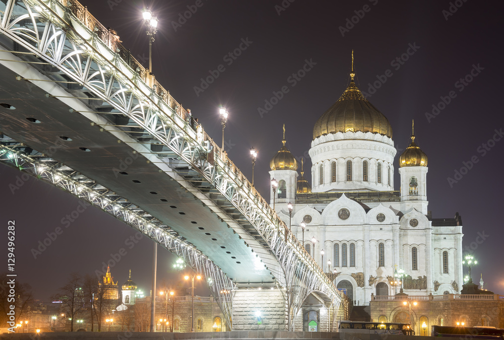 The Cathedral of Christ the Savior at night, Moscow, Russia.