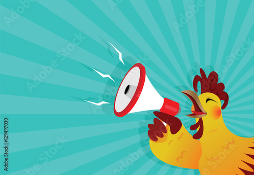 The Rooster crows with a megaphone, vector cartoon