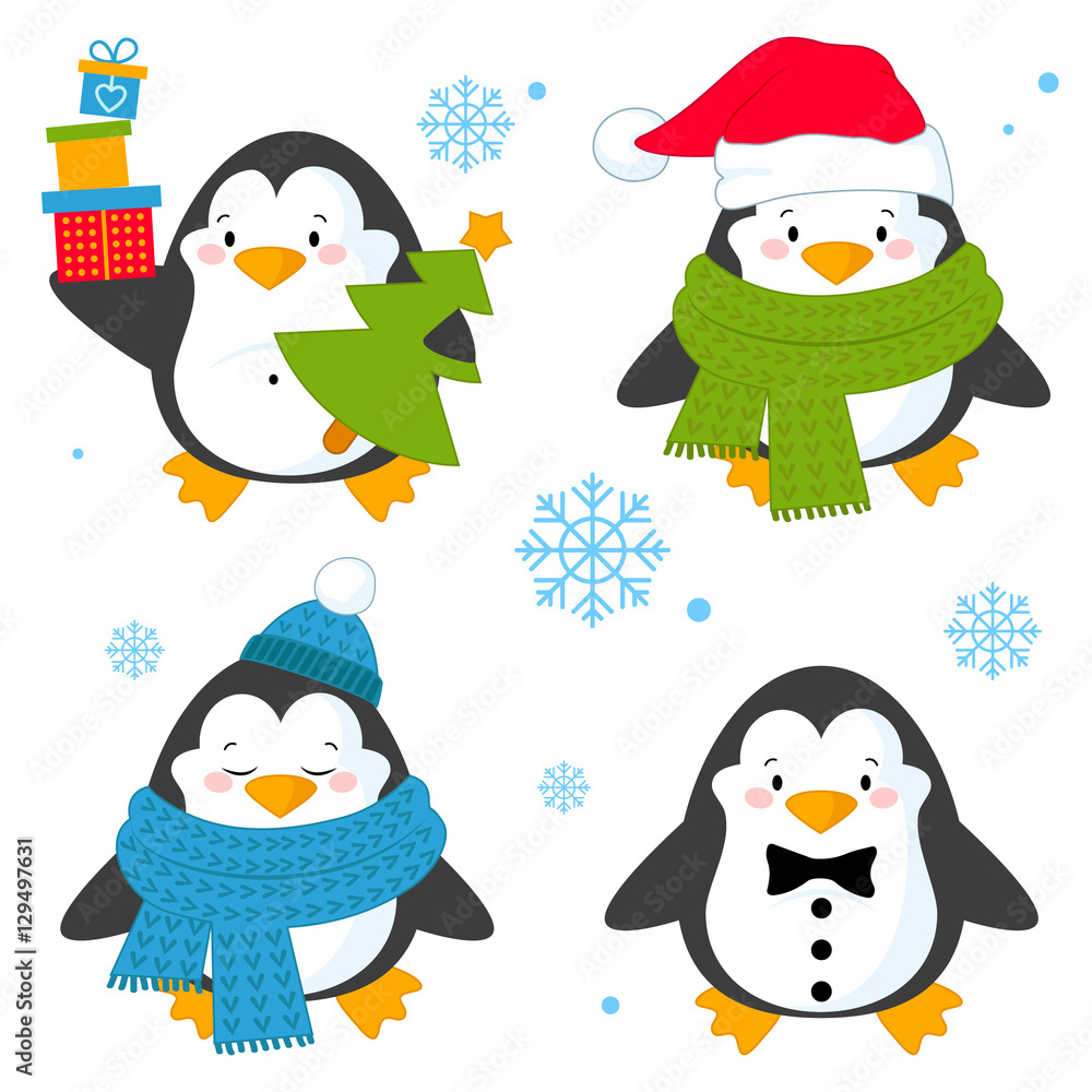Penguin set vector illustration, with penguins in different situations.Cartoon penguin isolated on white background. Vector illustration