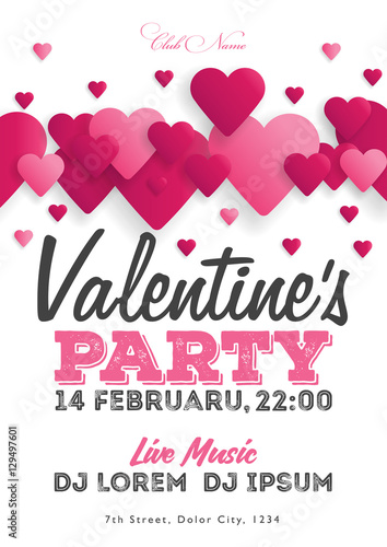 Valentine's Day party invitation flyer. The template for the club, musical evenings. Speech by musicians, DJs. Night festive party. Background with hearts. Vector illustrations