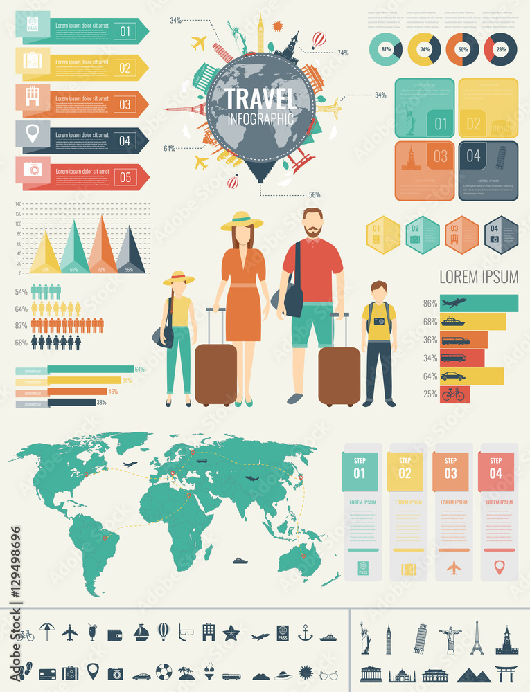 Travel and Tourism. Infographic set with charts and other elements. Vector illustration.