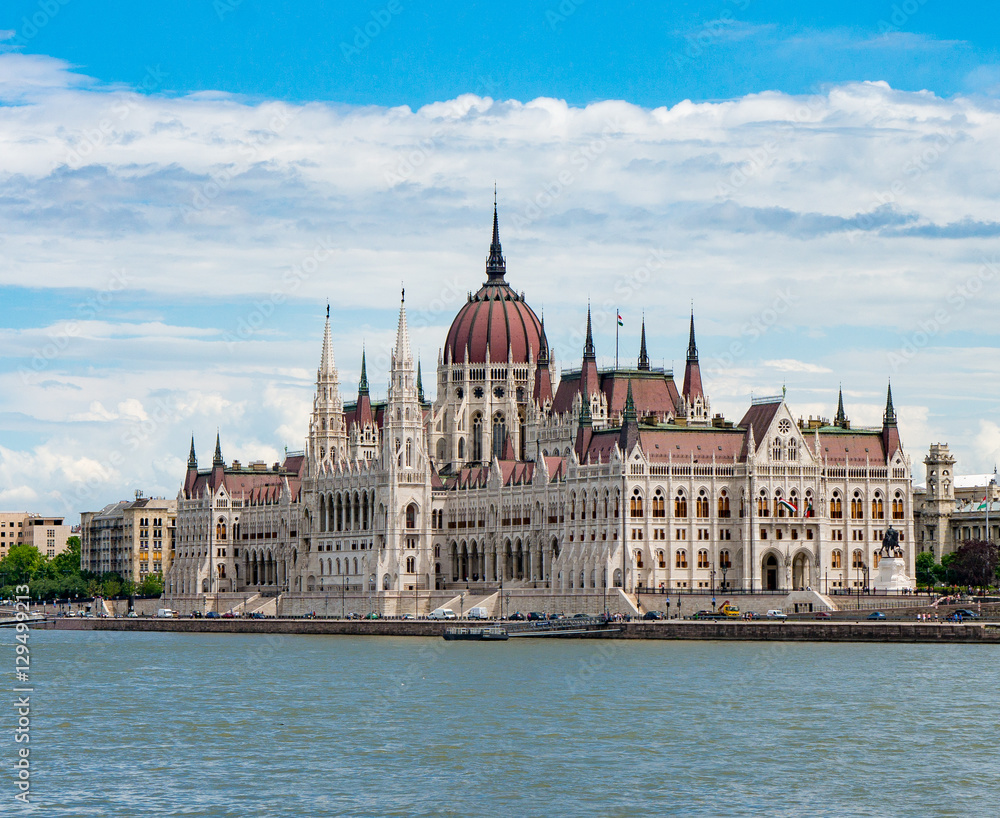 Bright view of the Parliament in Budapest diagonally