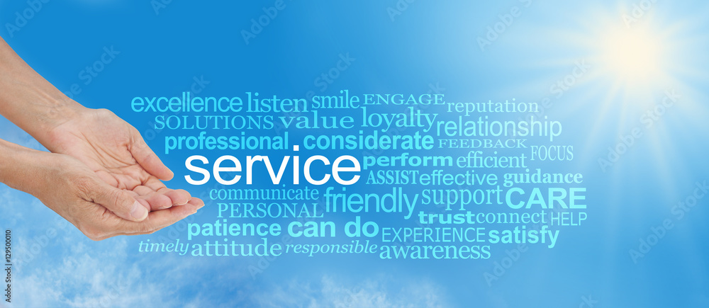Offering You Service Word Cloud - female hands in cupped offering gesture with the word SERVICE surrounded by a relevant gold colored word cloud on blue sky and sun burst background Offering You Service Word Cloud - female hands in cupped offering gesture with the word SERVICE surrounded by a relevant gold colored word cloud on blue sky and sun burst background