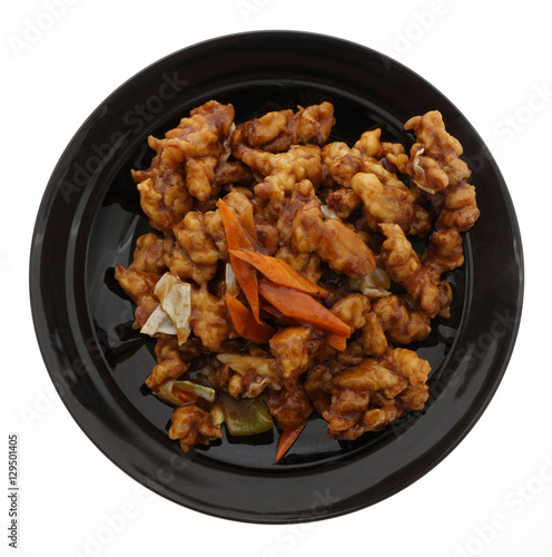 Chinese food. Pork in soya sauce and vegetables
