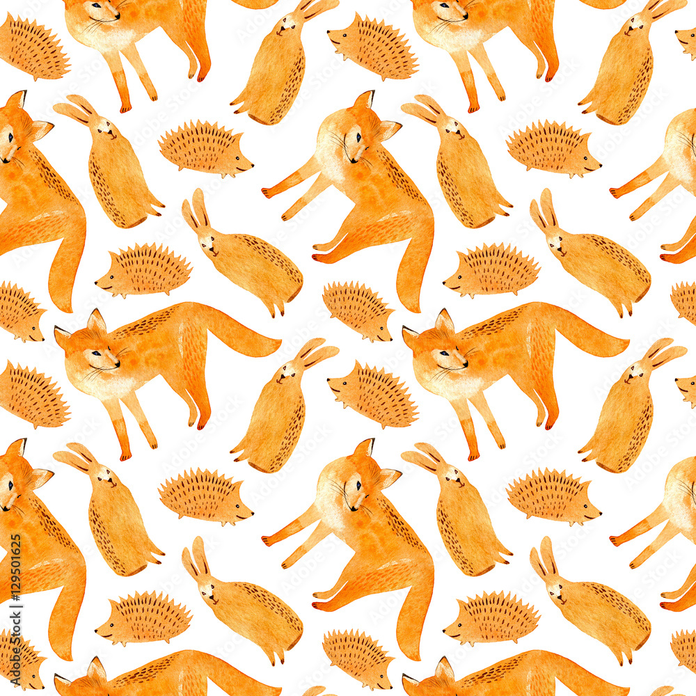 Fox, hare and hedgehog seamless pattern.Forest animals.Watercolor hand drawn illustration.White background.