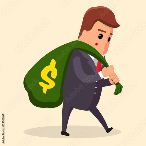 Vector or manager Business concept. Man in suit, businessman carrying big and heavy money bag on his back . , illustration, flat