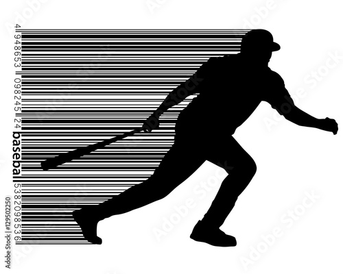silhouette of a baseball player and barcode
