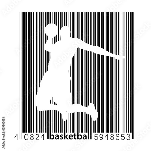 Silhouette of a basketball player and barcode.