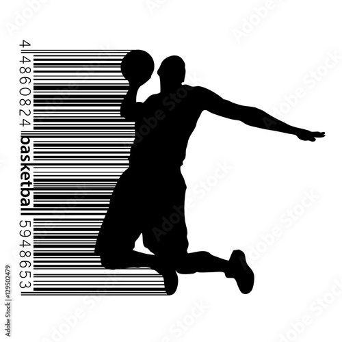 Silhouette of a basketball player and barcode.