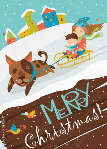 Funny dog pulling sledge with children