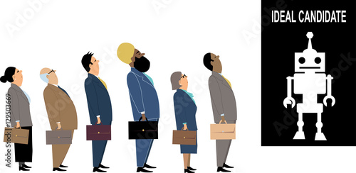 Job seekers standing in front of a poster of ideal job candidate which is a robot, EPS 8 vector illustration