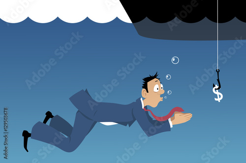 Gullible businessman swimming under water towards a dollar sign on a fishing hook, EPS 8 vector illustration 