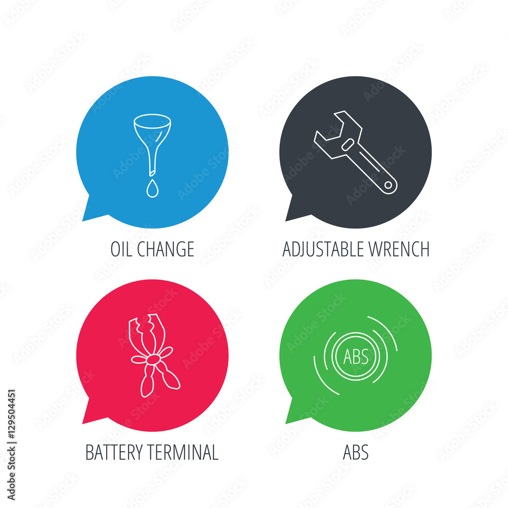 Colored speech bubbles. Adjustable wrench, oil change and abs icons. Battery terminal linear sign. Flat web buttons with linear icons. Vector Colored speech bubbles. Adjustable wrench, oil change and abs icons. Battery terminal linear sign. Flat web buttons with linear icons. Vector
