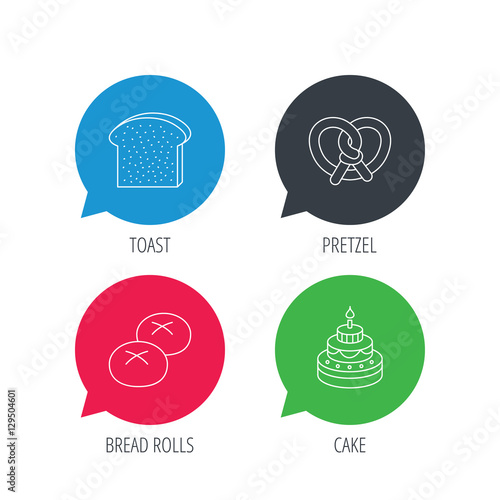 Colored speech bubbles. Cake, pretzel and bread rolls icons. Toast linear sign. Flat web buttons with linear icons. Vector