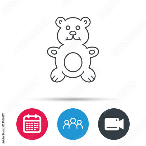Teddy-bear icon. Baby toy sign. Plush animal symbol. Group of people, video cam and calendar icons. Vector