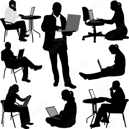 people working on their laptops silhouettes - vector