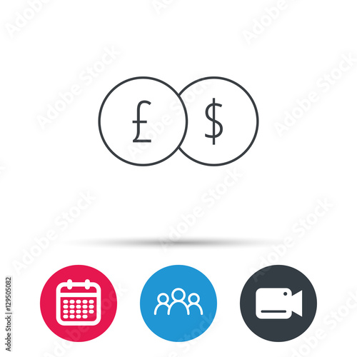Currency exchange icon. Banking transfer sign. Pound to Dollar symbol. Group of people, video cam and calendar icons. Vector