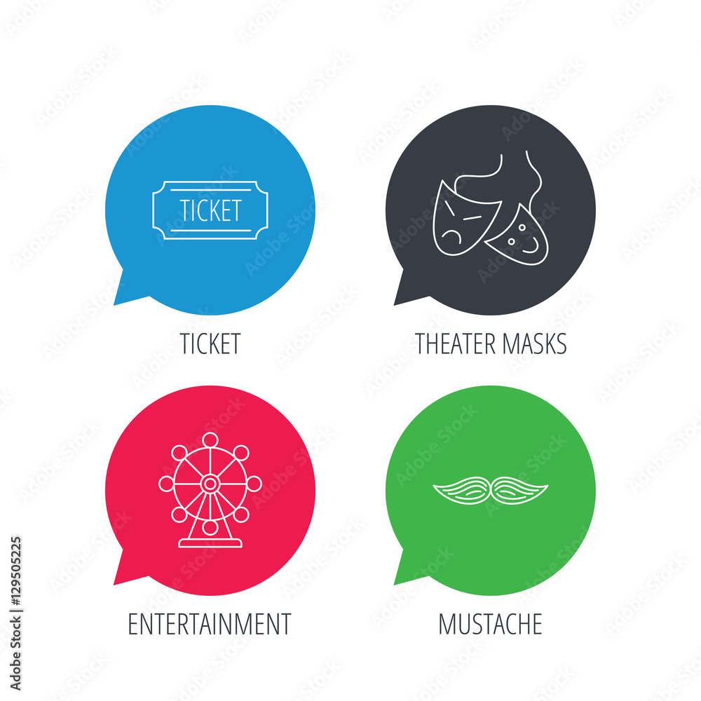 Fototapeta premium Colored speech bubbles. Ferris wheel, ticket and theater masks icons. Mustache linear sign. Flat web buttons with linear icons. Vector