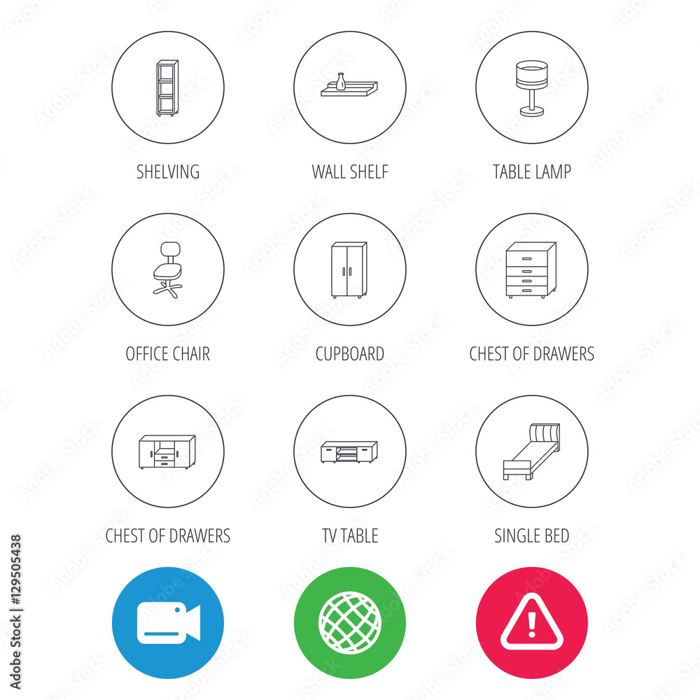 Single bed, TV table and shelving icons. Office chair, table lamp and cupboard linear signs. Wall shelf, chest of drawers icons. Video cam, hazard attention and internet globe icons. Vector Single bed, TV table and shelving icons. Office chair, table lamp and cupboard linear signs. Wall shelf, chest of drawers icons. Video cam, hazard attention and internet globe icons. Vector