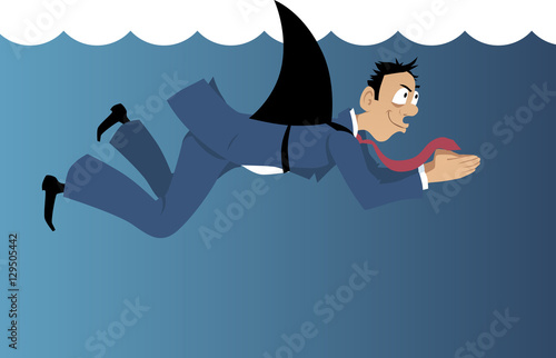 Insidious businessman with a shark fin attached to his back swimming under water, EPS 8 vector illustration, no transparencies 