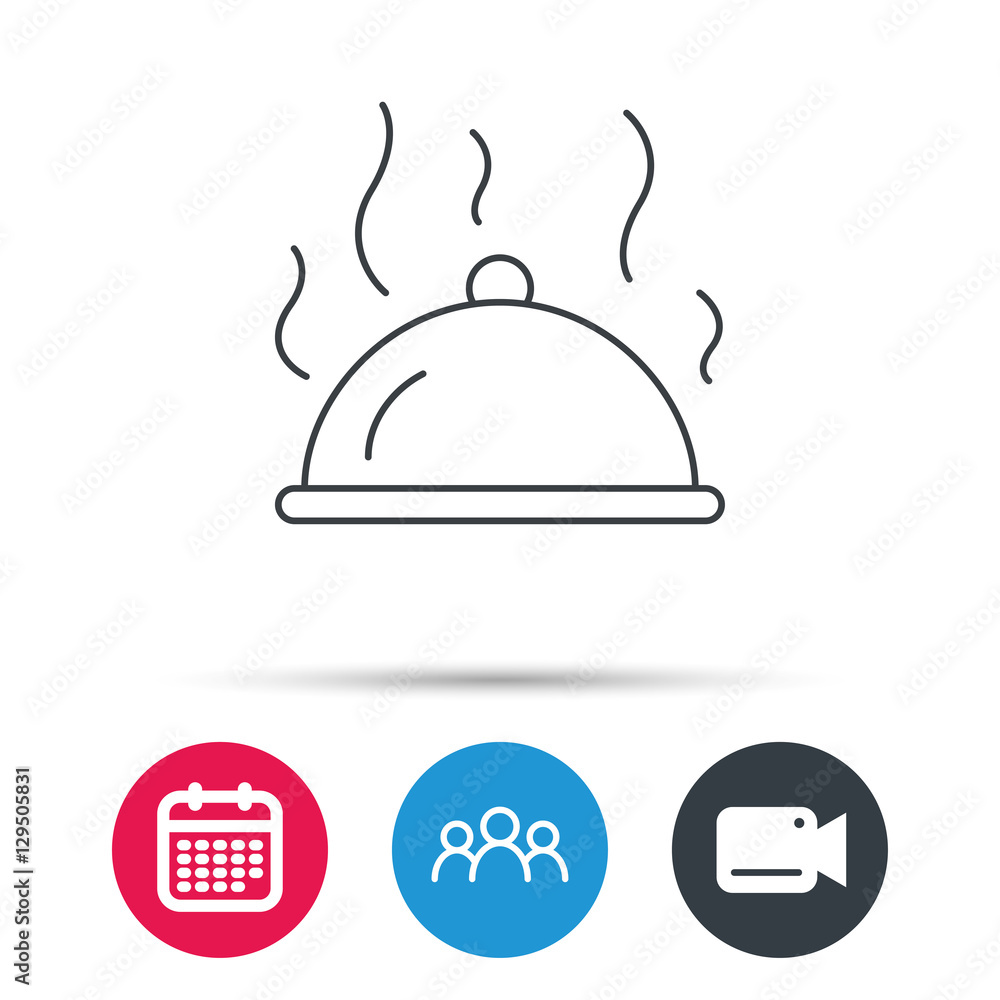 Fototapeta premium Restaurant cloche platter icon. Hot food sign. Group of people, video cam and calendar icons. Vector
