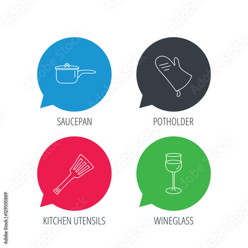 Colored speech bubbles. Saucepan, potholder and wineglass icons. Kitchen utensils linear sign. Flat web buttons with linear icons. Vector