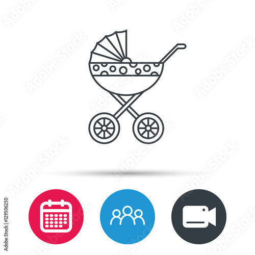 Pram icon. Newborn stroller sign. Child buggy transportation symbol. Group of people, video cam and calendar icons. Vector