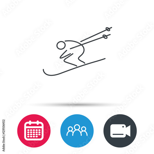 Skiing icon. Skis jumping extreme sport sign. Speed competition symbol. Group of people, video cam and calendar icons. Vector