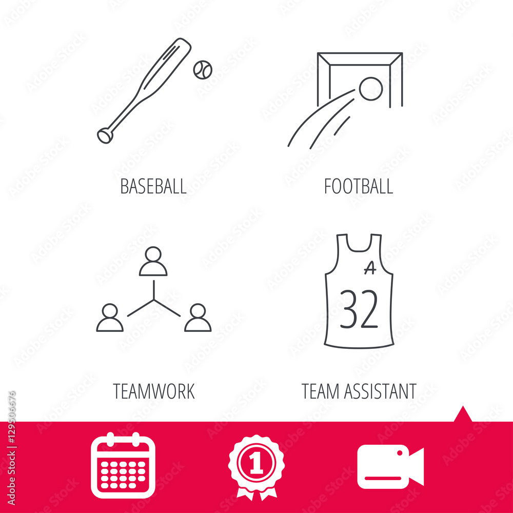Achievement and video cam signs. Football, team assistant and baseball icons. Teamwork linear sign. Calendar icon. Vector Achievement and video cam signs. Football, team assistant and baseball icons. Teamwork linear sign. Calendar icon. Vector