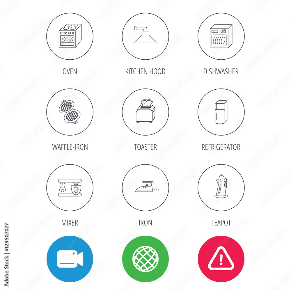 Dishwasher, refrigerator fridge and blender icons. Kitchen hood, mixer and toaster linear signs. Oven, teapot and waffle-iron icons. Video cam, hazard attention and internet globe icons. Vector Dishwasher, refrigerator fridge and blender icons. Kitchen hood, mixer and toaster linear signs. Oven, teapot and waffle-iron icons. Video cam, hazard attention and internet globe icons. Vector