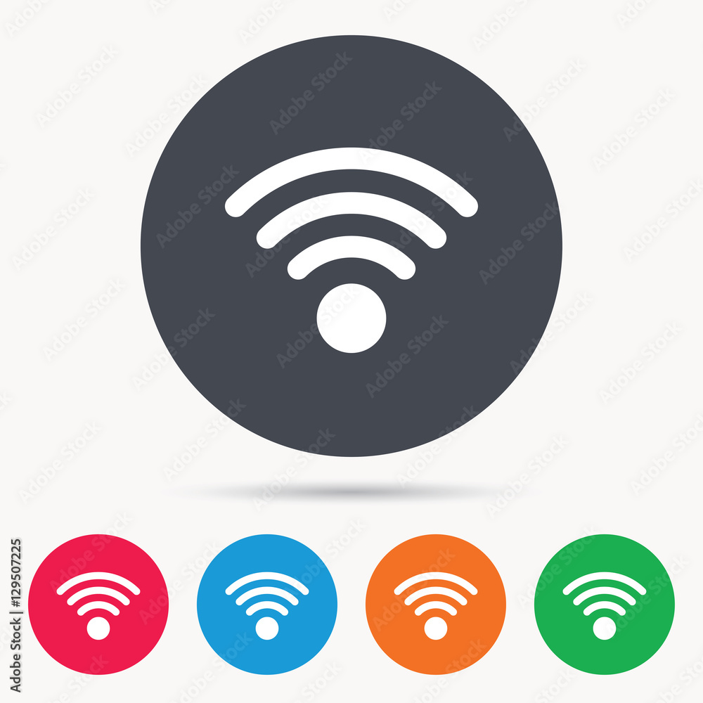 Wifi icon. Wireless internet sign. Communication technology symbol. Colored circle buttons with flat web icon. Vector Wifi icon. Wireless internet sign. Communication technology symbol. Colored circle buttons with flat web icon. Vector