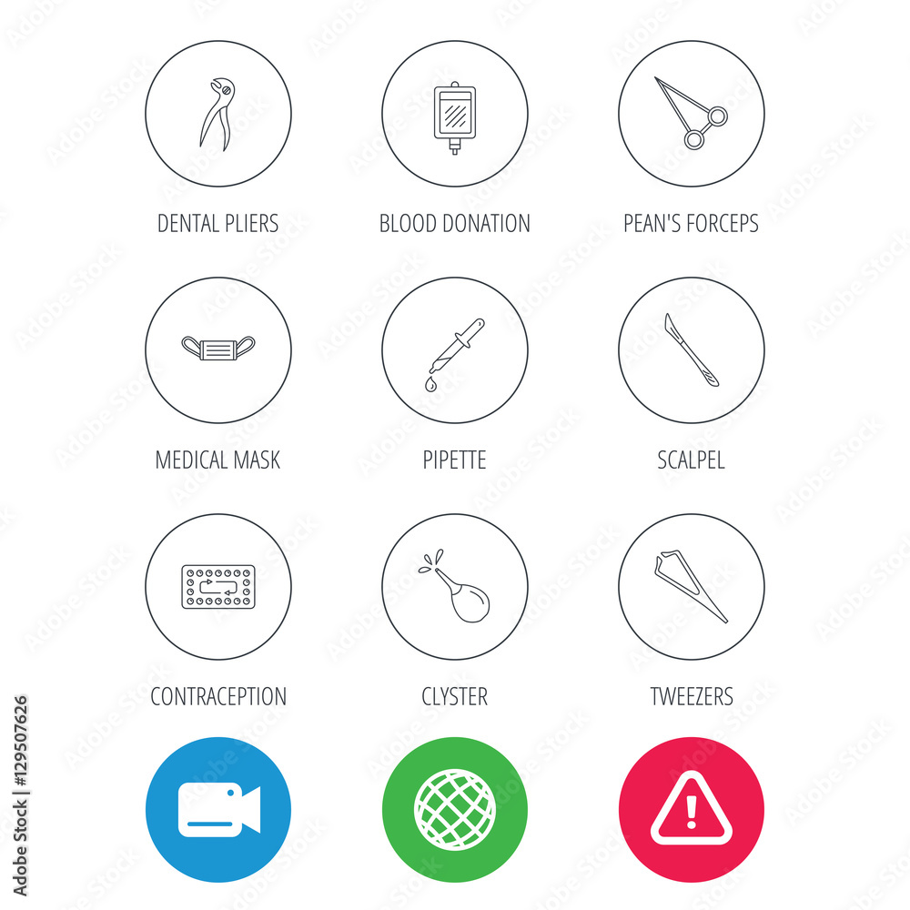 Medical mask, blood and dental pliers icons. Contraception, scalpel and clyster linear signs. Tweezers, pipette and forceps flat line icons. Video cam, hazard attention and internet globe icons Medical mask, blood and dental pliers icons. Contraception, scalpel and clyster linear signs. Tweezers, pipette and forceps flat line icons. Video cam, hazard attention and internet globe icons