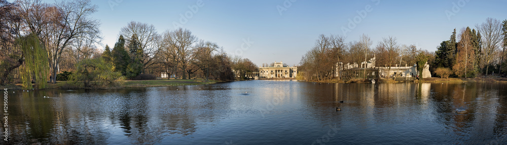 Panorama of Palace on the water in Lazienki Park in Warsaw