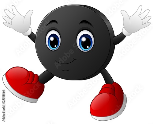 Happy cartoon hockey puck character with smiling raising its hands