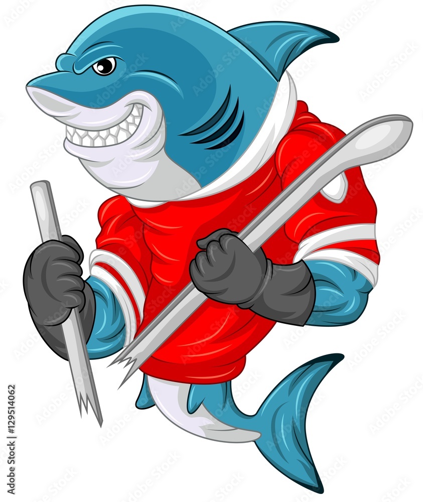 Fototapeta premium Cartoon shark mascot wearing a hockey jersey while holding a stick which was cut 