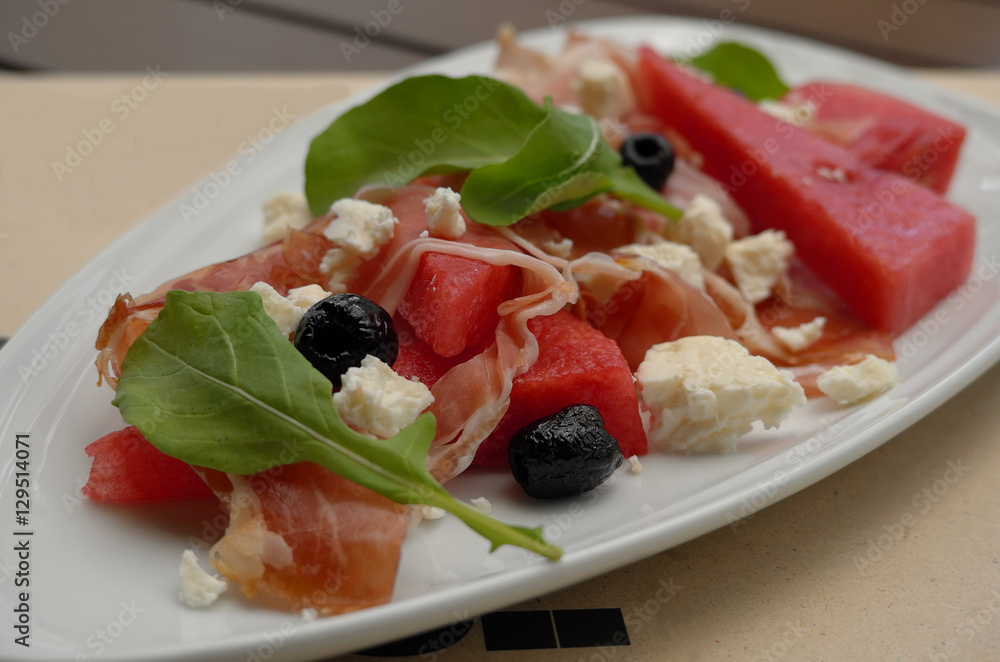 Close up of ham and fruit salad. Selective focus.
Close up of ham and fruit salad. Selective focus.