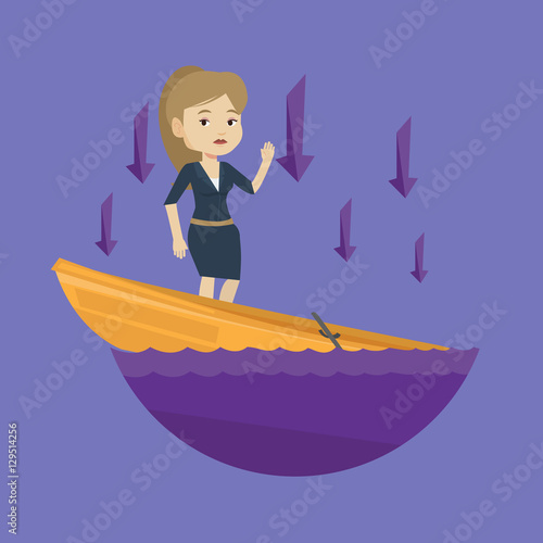 Business woman standing in sinking boat.