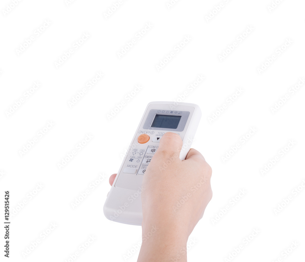 hand with air conditioner remote control isolated on white hand with air conditioner remote control isolated on white