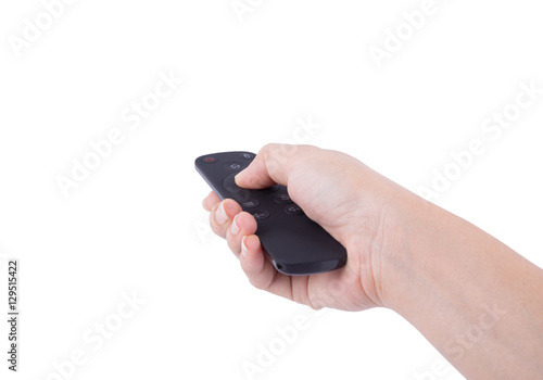 Obraz na płótnie hand with multimedia tv remote control isolated on white