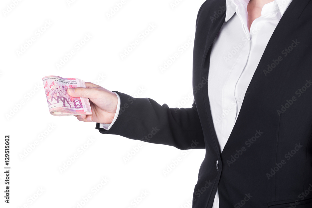 woman in suit with Hong Kong Dollar money isolated on white woman in suit with Hong Kong Dollar money isolated on white